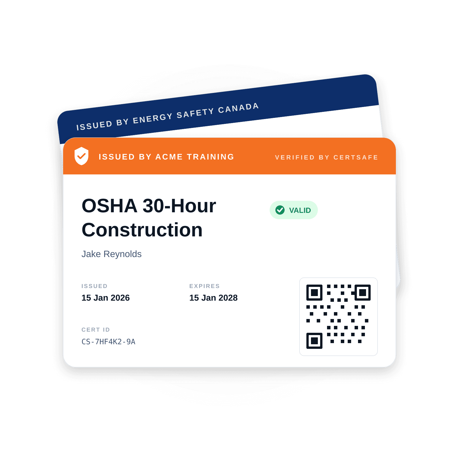 A verified CertSafe credential card showing OSHA 30-Hour Construction with a Valid status badge and a scannable QR code.