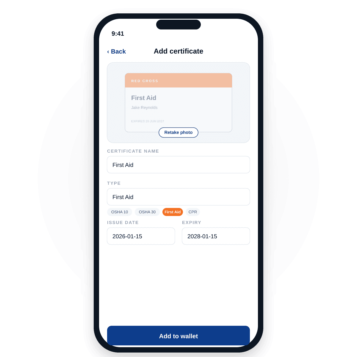 CertSafe mobile app add-certificate screen — a photo preview of a First Aid card, type chip suggestions, issue and expiry date fields, and an Add to wallet button.