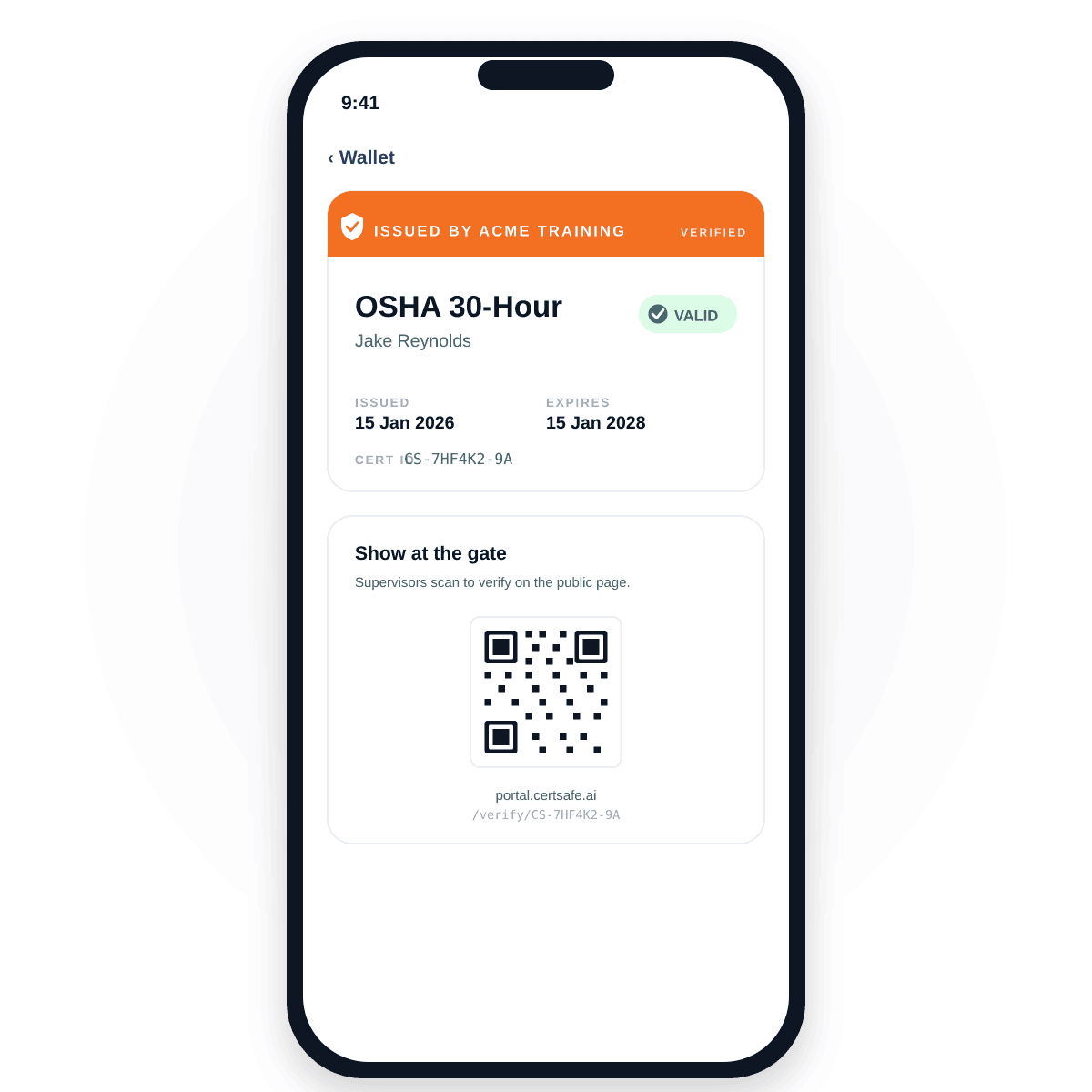 CertSafe mobile app certificate detail screen — a verified OSHA 30-Hour card with a Valid badge, issue and expiry dates, and a scannable QR code labelled Show at the gate.