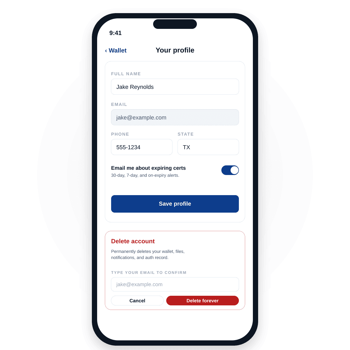 CertSafe mobile app profile screen — name, email (read-only), phone, and state fields, an expiry-notification toggle, and a danger-zone delete-account flow with email confirmation.