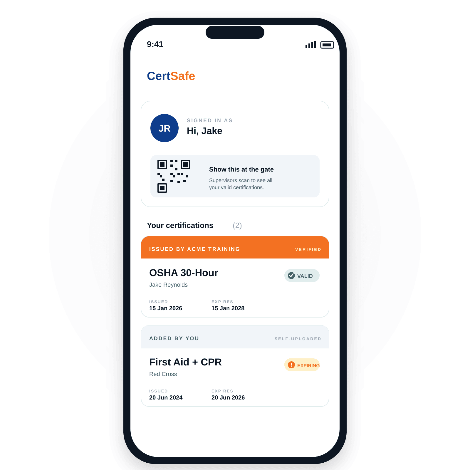 A phone showing the CertSafe worker wallet with a profile header, a verified OSHA 30 card, and a self-uploaded First Aid card.